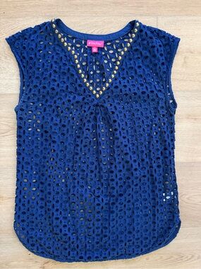 Lilly Pulitzer for Target Blue Eyelet Gold Stud Swim Cover Up Tunic M Cotton